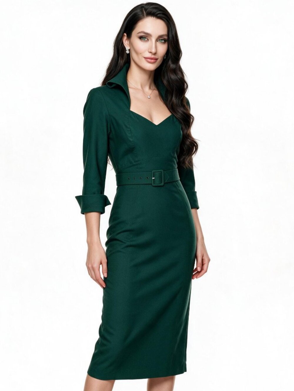 Pinup Couture Green Wiggle Bodycon Pencil Midi Dress, Standup Collar, w/ belt XS